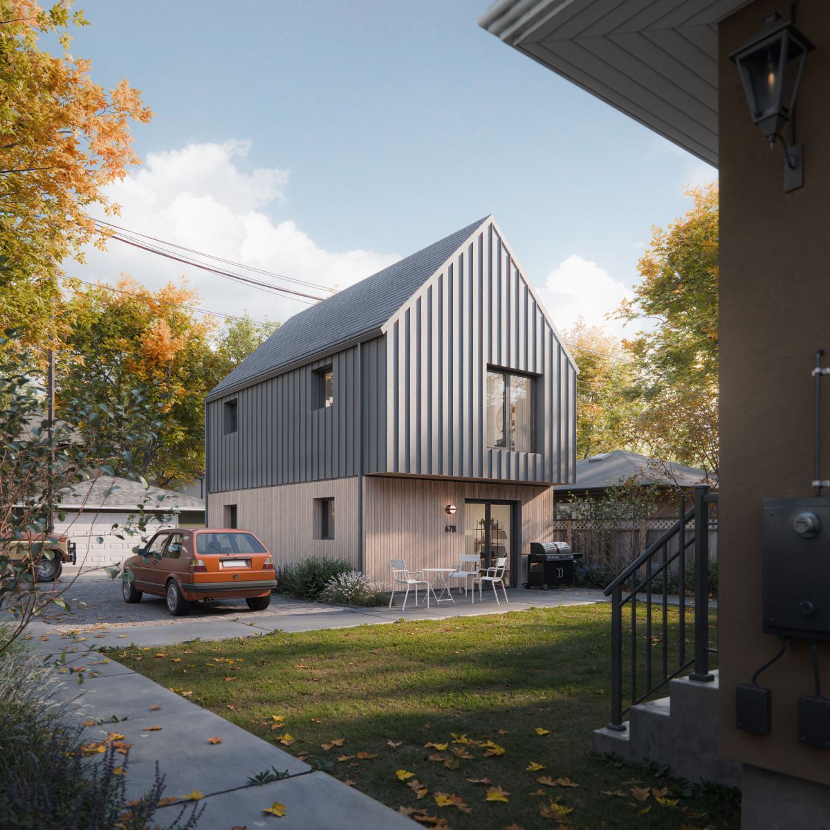 A 3D rendering of a home with a steep gabled roof, metal cladding, and wood paneling. The second floor has a large window, and the ground floor features a glass door leading to a patio with outdoor seating. A parked car and detached garage are visible in the background. In the foreground, two individuals are sitting on the lawn with a picnic setup. The surrounding area includes trees, a paved driveway, and a fenced backyard with a barbecue grill.